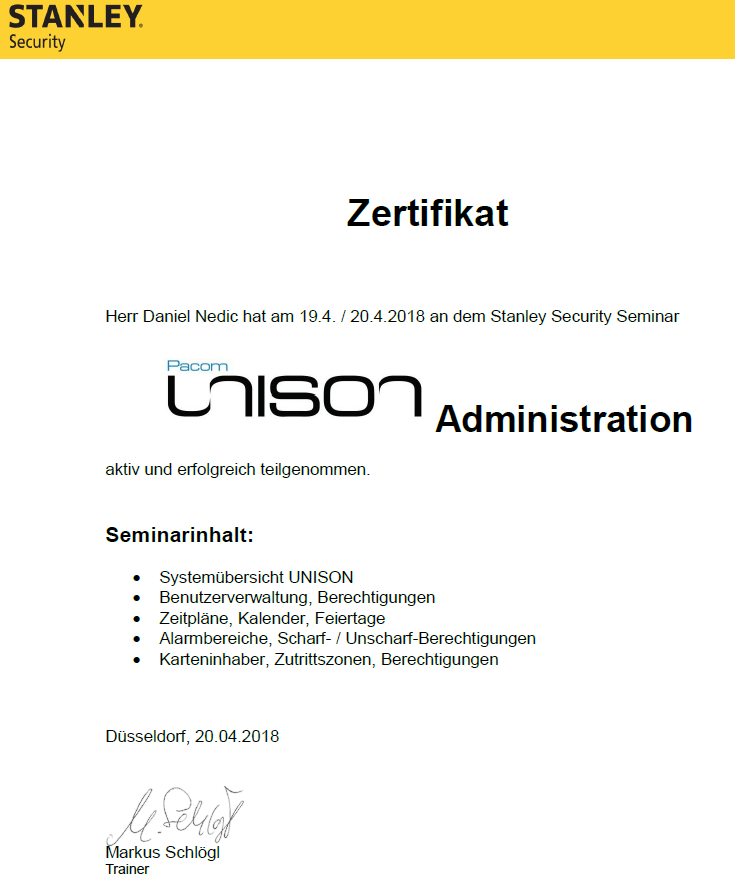 Stanley Security Unison Zertifikat